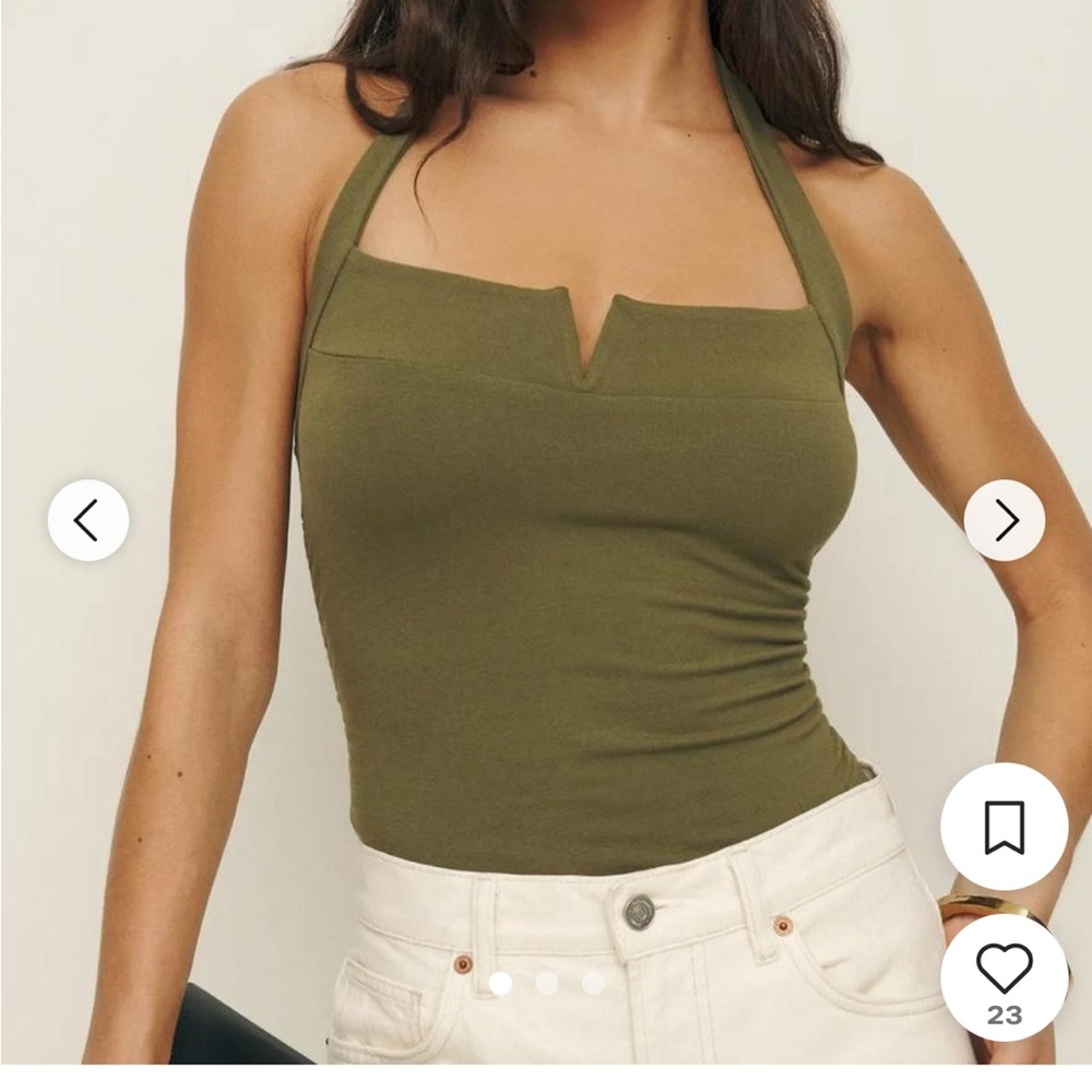 Reformation  ‘Arwen’ Olive Green Ruched Halter Top